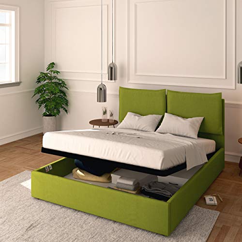 Baldiflex Doppelbett mit Stauraum, Modell Licia aus Stoff, Lattenrost, für Doppelbetten 160 x 200 cm, Kopfteil fein gepolstert, Farbe Grün von Baldiflex