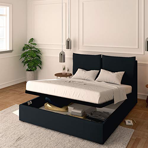 Baldiflex Doppelbett mit Stauraum, Modell Licia aus Stoff, Lattenrost, für Doppelbetten 180 x 200 cm, Kopfteil fein gepolstert, Farbe Schwarz von Baldiflex