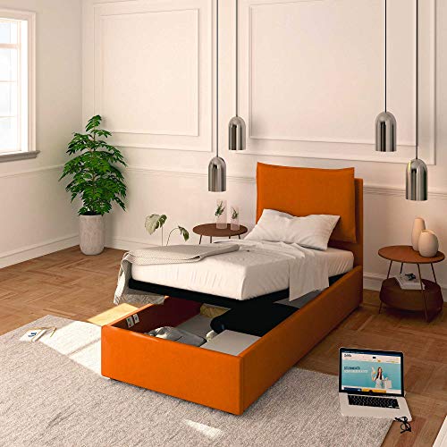 Baldiflex Einzelbett mit Stauraum, Modell Licia aus Kunstleder, Lattenrost, für Einzelbetten 90 x 200 cm, Kopfteil fein gepolstert, Farbe Orange von Baldiflex