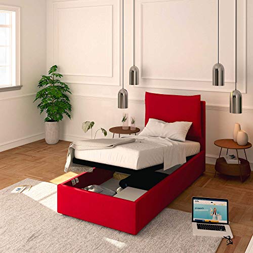 Baldiflex Einzelbett mit Stauraum, Modell Licia aus Kunstleder, Lattenrost, für Einzelbetten 90 x 200 cm, Kopfteil fein gepolstert, Farbe Rot von Baldiflex