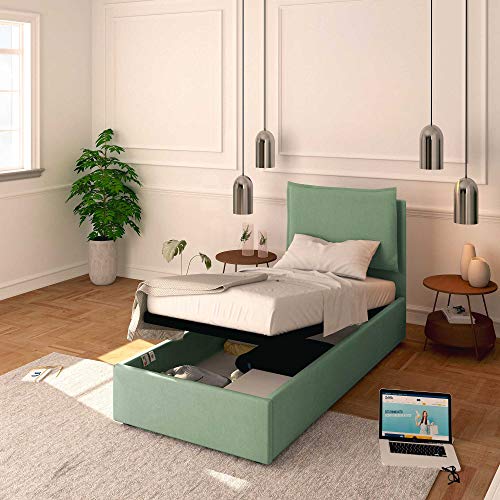 Baldiflex Einzelbett mit Stauraum, Modell Licia aus Stoff, Lattenrost, für Einzelbetten 80 x 190 cm, Kopfteil fein gepolstert, Farbe Mint von Baldiflex