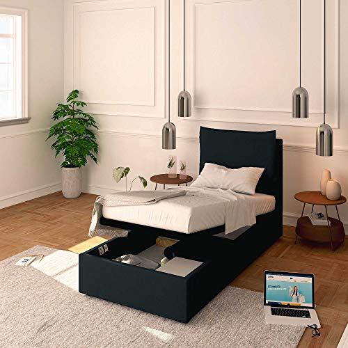 Baldiflex Einzelbett mit Stauraum, Modell Licia aus Stoff, Lattenrost, für Einzelbetten 80 x 190 cm, Kopfteil fein gepolstert, Farbe Schwarz von Baldiflex
