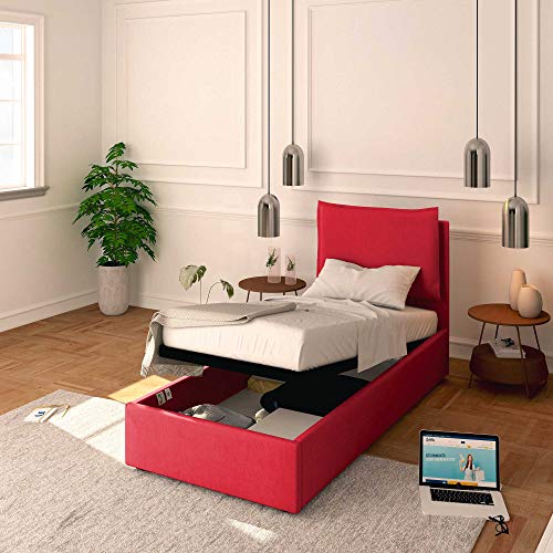 Baldiflex Einzelbett mit Stauraum, Modell Licia aus Stoff, Lattenrost, für Einzelbetten 80 x 200 cm, Kopfteil fein gepolstert, Farbe Cranberry von Baldiflex