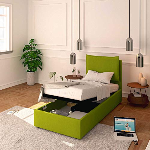 Baldiflex Einzelbett mit Stauraum, Modell Licia aus Stoff, Lattenrost, für Einzelbetten 80 x 200 cm, Kopfteil fein gepolstert, Farbe Grün von Baldiflex