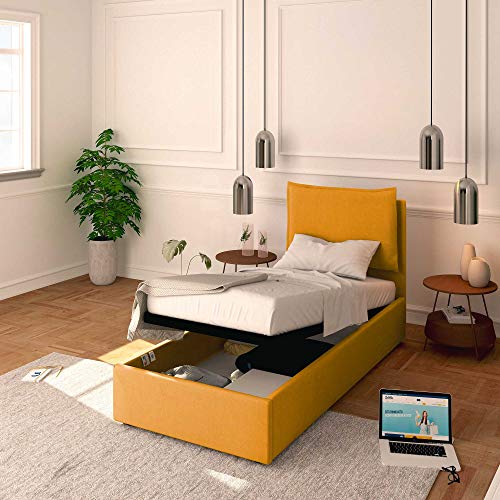 Baldiflex Einzelbett mit Stauraum, Modell Licia aus Stoff, Lattenrost, für Einzelbettmatratzen 80 x 190 cm, fein gepolstertes Kopfteil in der Farbe Mango von Baldiflex