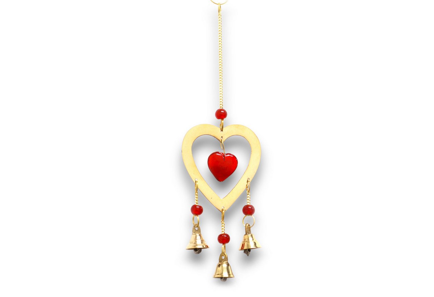 Bali-Homedecor Deko-Glas Indisches Windspiel - Messing mit Rubinglas-Herzperlen - 3 Glöckchen Bali-Homedecor Deko-Glas Indisches Windspiel - Messing mit Rubinglas-Herzperlen - 3 Glöckchen von Bali-Homedecor