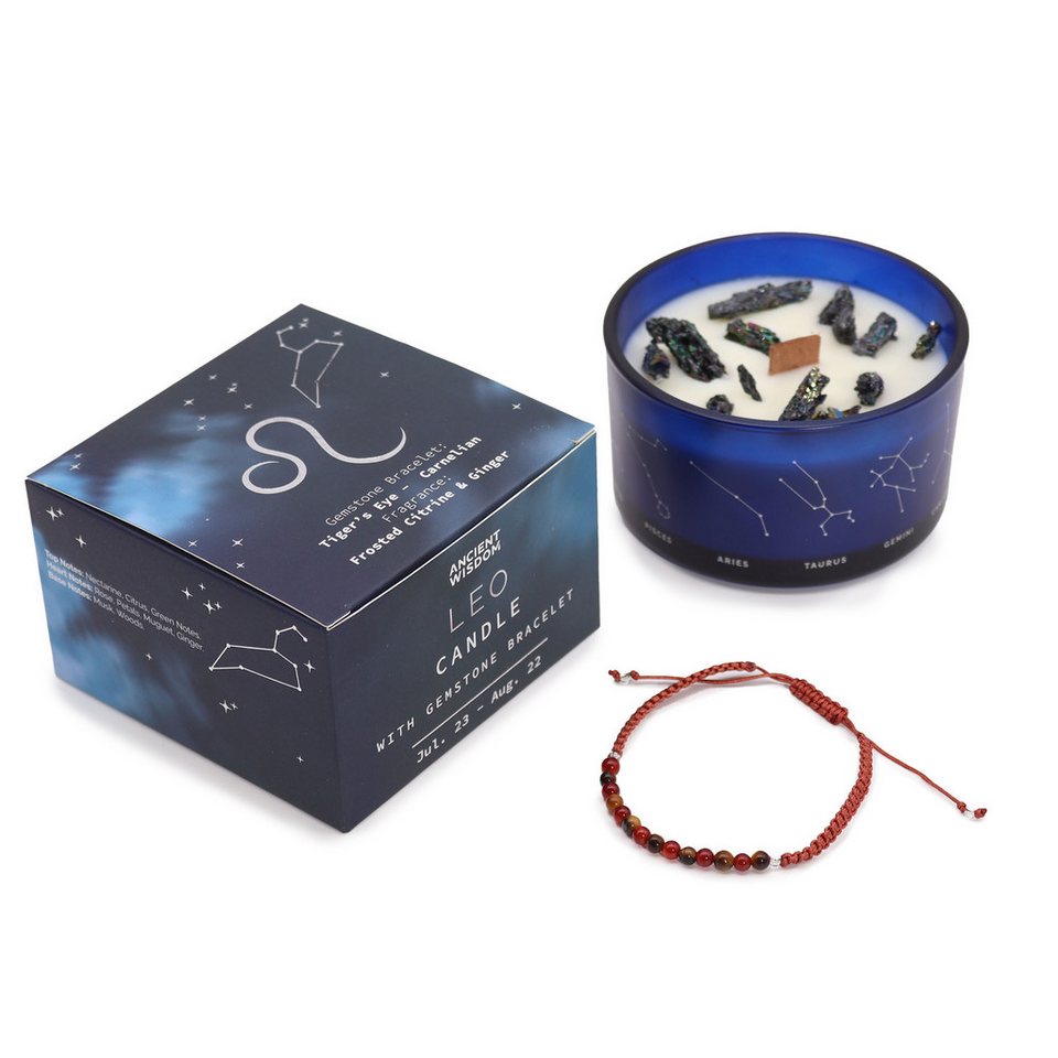 Bali-Homedecor Kerzenständer Sternzeichen-Kristallkerze mit Edelsteinarmband - Löwe von Bali-Homedecor
