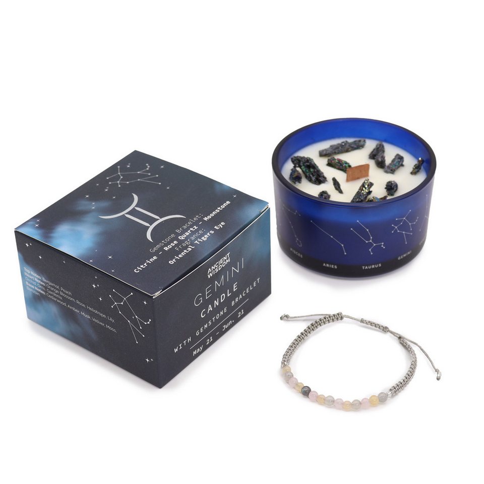 Bali-Homedecor Kerzenständer Sternzeichen-Kristallkerze mit Edelsteinarmband - Zwillinge von Bali-Homedecor