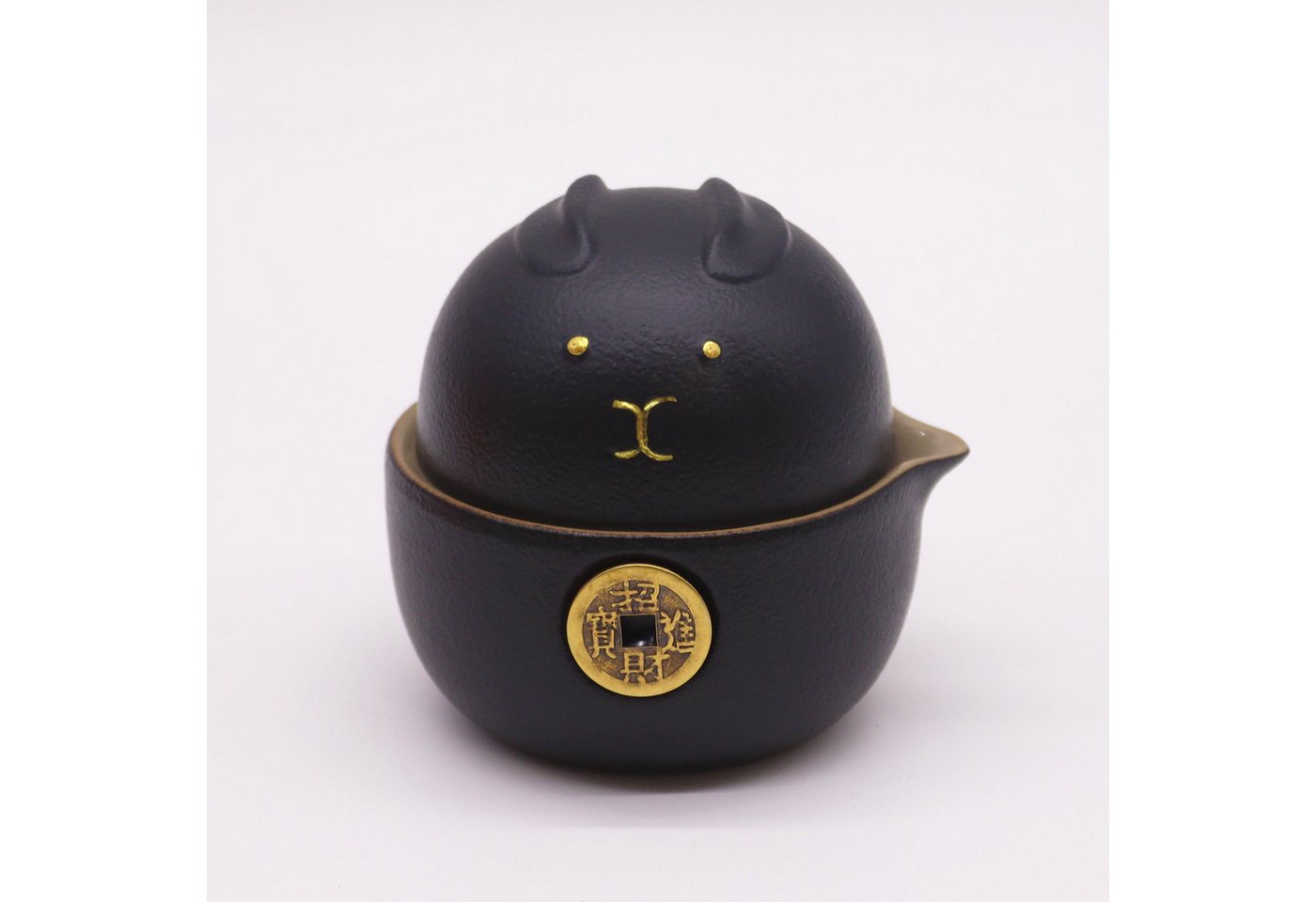 Bali-Homedecor Teekanne Money Cat Teekannen-Set - Zwei Tassen - Reisepackung - Schwarz von Bali-Homedecor