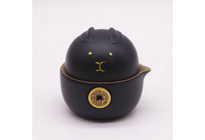 Bali-Homedecor Teekanne Money Cat Teekannen-Set - Zwei Tassen - Reisepackung - Schwarz von Bali-Homedecor