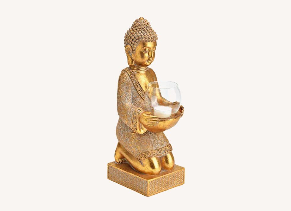 Bali-Homedecor Teelichthalter Buddha Figur Gold mit Teelicht Halter 37cm von Bali-Homedecor