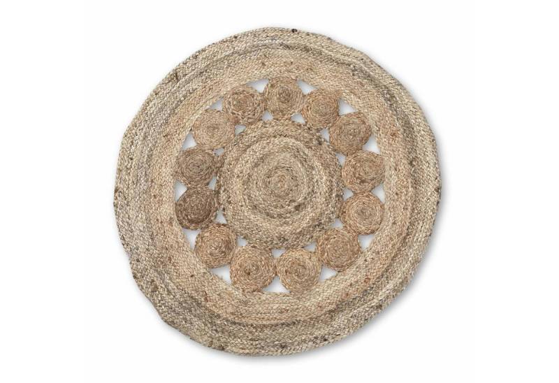 Bali-Homedecor Teppich Runder weicher Juteteppich mit Kreisen innen, 90 cm von Bali-Homedecor