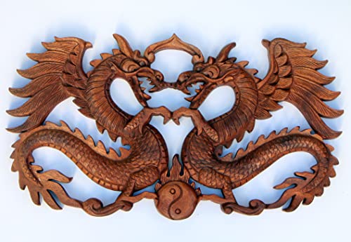 Wogeka 2 Drachen Drachenrelief Holz Dragon Feng Shui Wandbild Wohnzimmer von Wogeka
