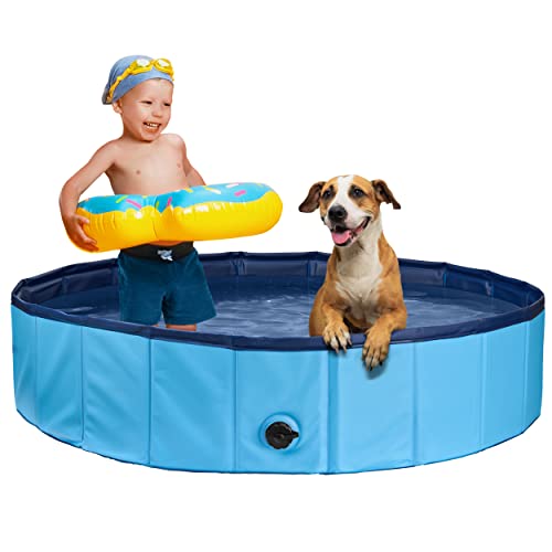 Stabiler Hundepool | Planschbecken für Hunde | Faltbarer Pool mit Ablassventil | rutschfeste Badewanne | Bällebad Kinder | Bälle Bad inkl. Badebürste & Reparaturset - Dog Pool 100x30 (Blue) von Balinco