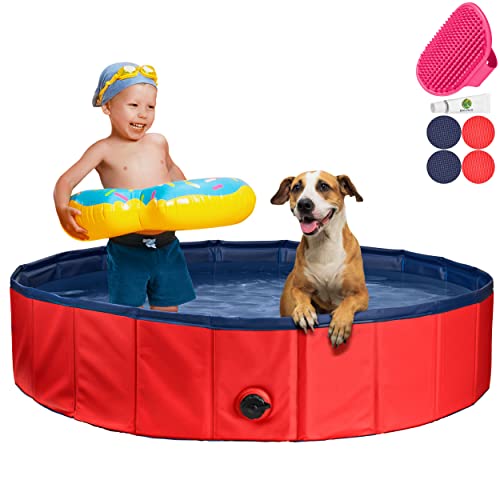 Stabiler Hundepool | Planschbecken für Hunde | Faltbarer Pool mit Ablassventil | rutschfeste Badewanne | Bällebad Kinder | Bälle Bad inkl. Badebürste & Reparaturset - Dog Pool 100x30 (Red) von Balinco