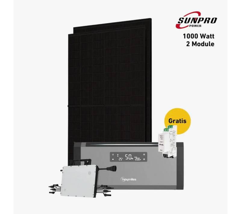 Balkonstrom Balkonkraftwerk 1000W + Speicher, Hoymiles HiBattery 1920 AC, Komplettset, Bifazial, 1000 W, Monokristallin, (Hoymiles HiBattery 1920 AC Stromspeicher), Made in Germany Kabel von Balkonstrom