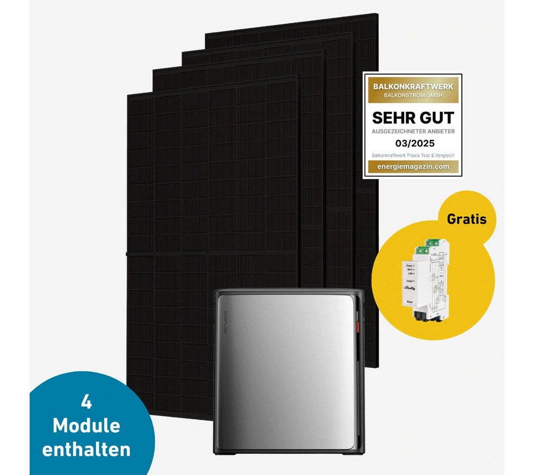 Balkonstrom Balkonkraftwerk Balkonkraftwerk 2000 Watt mit EcoFlow STREAM Ultra X, 1000 W, Monokristallin, (EcoFlow STREAM Ultra X Stromspeicher), Made in Germany Kabel von Balkonstrom
