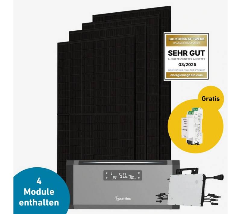 Balkonstrom Balkonkraftwerk Balkonkraftwerk 2000 Watt mit Hoymiles HiBattery 1920 AC, 1000 W, Monokristallin, (Hoymiles HiBattery 1920 AC Stromspeicher), Made in Germany Kabel von Balkonstrom