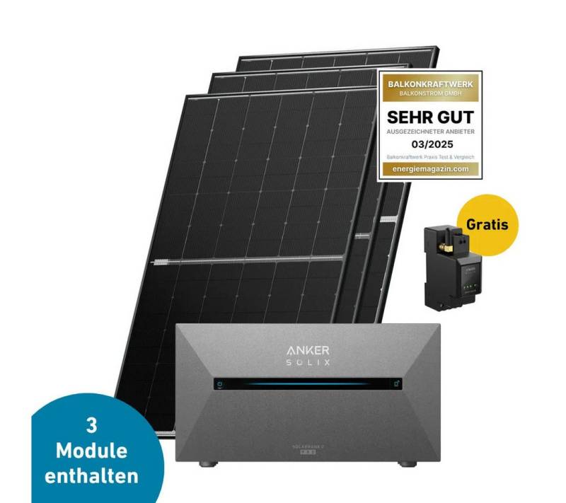 Balkonstrom Balkonkraftwerk 1350W mit Speicher, Anker 2 Pro, Komplettset, 1350 W, Monokristallin, (Anker SOLIX Solarbank 2 E1600 PRO Stromspeicher), Made in Germany Kabel von Balkonstrom