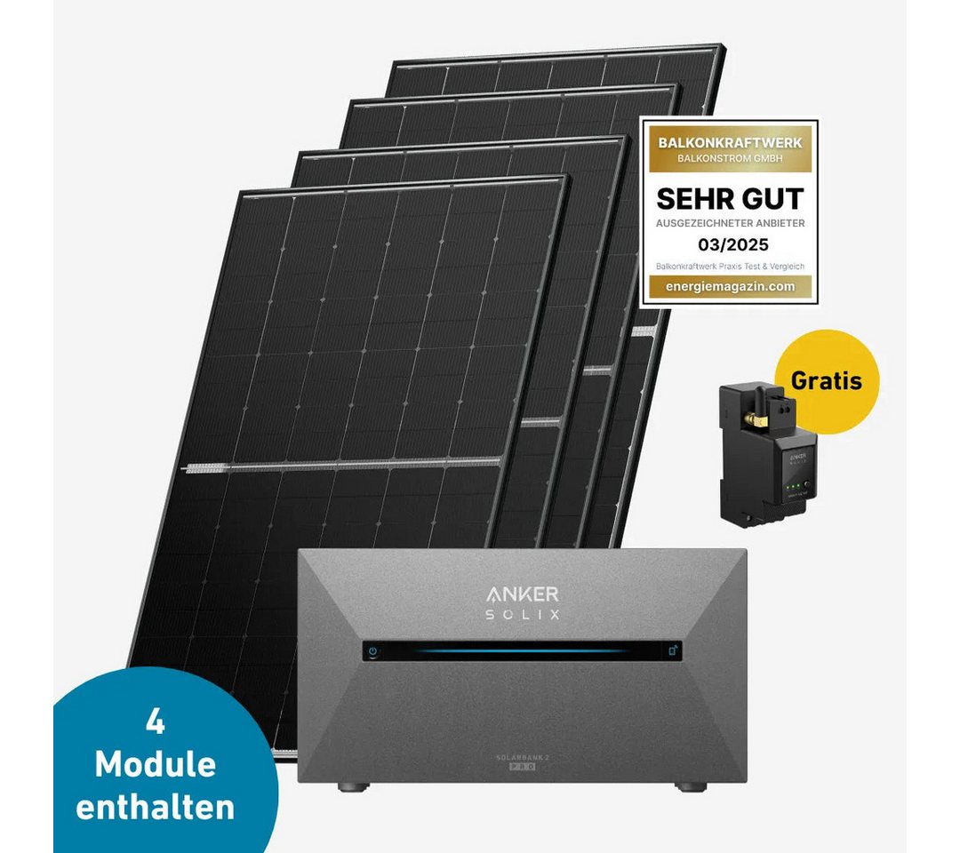 Balkonstrom Balkonkraftwerk 1800W mit Speicher, Anker 2 Pro, Komplettset, Bifazial, 1800 W, Monokristallin, (Anker SOLIX Solarbank 2 E1600 PRO Stromspeicher), Made in Germany Kabel von Balkonstrom