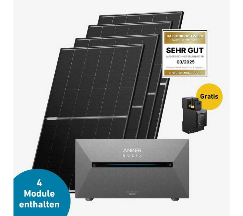 Balkonstrom Balkonkraftwerk 1800W mit Speicher, Anker 2 Pro, Komplettset, Bifazial, 1800 W, Monokristallin, (Anker SOLIX Solarbank 2 E1600 PRO Stromspeicher), Made in Germany Kabel von Balkonstrom