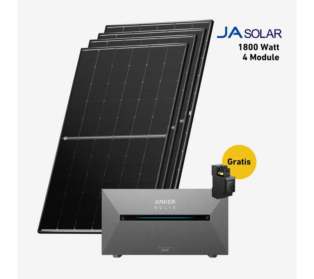 Balkonstrom Balkonkraftwerk 1800W mit Speicher, Anker 2 Pro, Komplettset, Bifazial, 1800 W, Monokristallin, (Anker SOLIX Solarbank 2 E1600 PRO Stromspeicher), Made in Germany Kabel von Balkonstrom