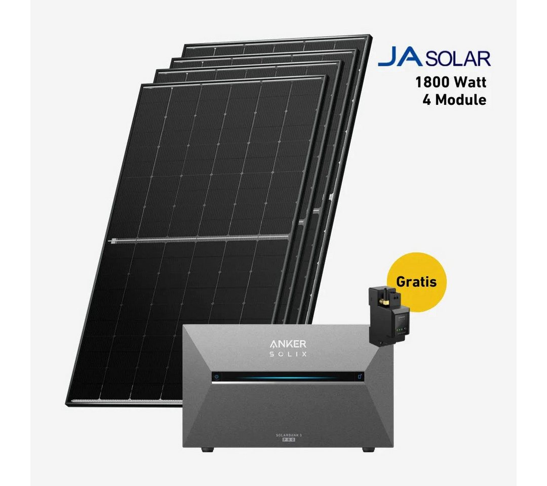 Balkonstrom Balkonkraftwerk 1800W mit Speicher, Anker 3 Pro, Komplettset, Bifazial, 1800 W, Monokristallin, (Anker SOLIX Solarbank 3 E2700 PRO Stromspeicher), Made in Germany Kabel von Balkonstrom