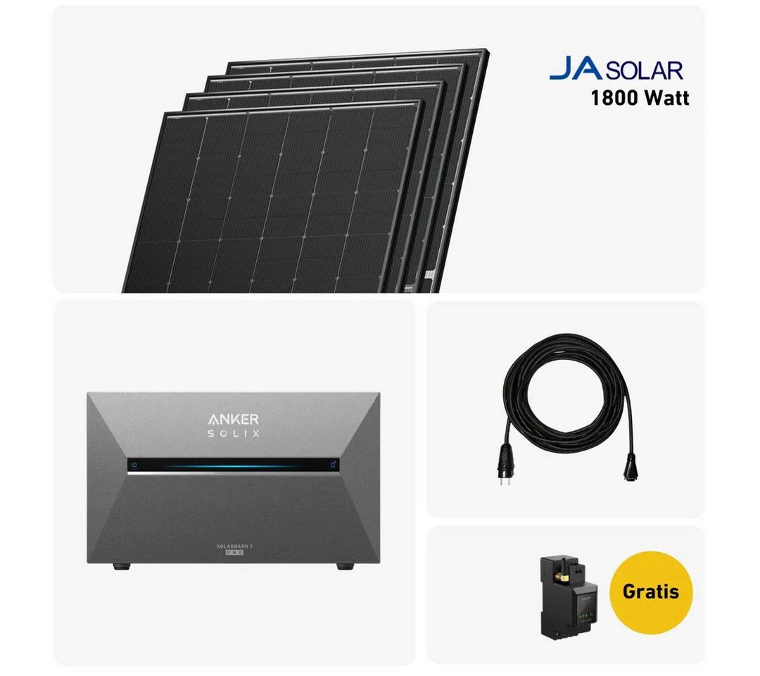 Balkonstrom Balkonkraftwerk 1800W mit Speicher, Anker 3 Pro, Komplettset, Bifazial, 1800 W, Monokristallin, (Anker SOLIX Solarbank 3 E2700 PRO Stromspeicher), Made in Germany Kabel von Balkonstrom