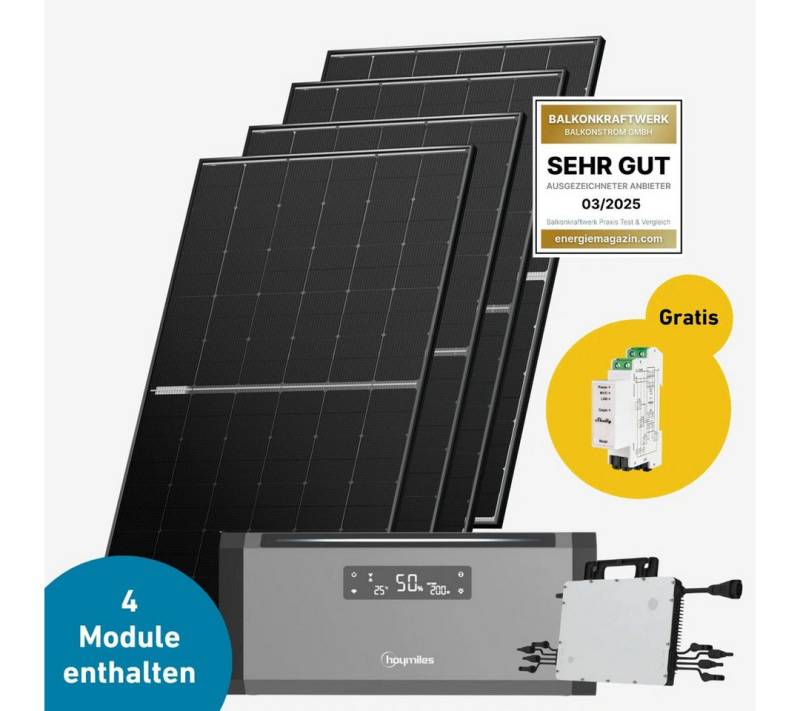 Balkonstrom Balkonkraftwerk Balkonkraftwerk 1800 Watt mit Hoymiles HiBattery 1920 AC, 900 W, Monokristallin, (Hoymiles HiBattery 1920 AC Stromspeicher), Made in Germany Kabel von Balkonstrom