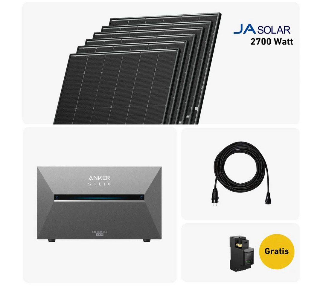 Balkonstrom Balkonkraftwerk 2700W mit Speicher, Anker 3 Pro, Komplettset, Bifazial, Premium, 2700 W, Monokristallin, (Anker SOLIX Solarbank 3 E2700 PRO Stromspeicher), Made in Germany Kabel von Balkonstrom