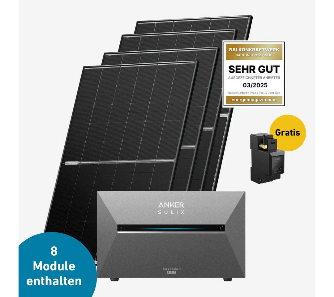 Balkonstrom Balkonkraftwerk Basic 3600 bifazial Pro (mit Anker SOLIX Solarbank 3 E2700 Pro), 3600 W, Monokristallin, (Anker SOLIX Solarbank 3 E2700 PRO Stromspeicher), Made in Germany Kabel von Balkonstrom