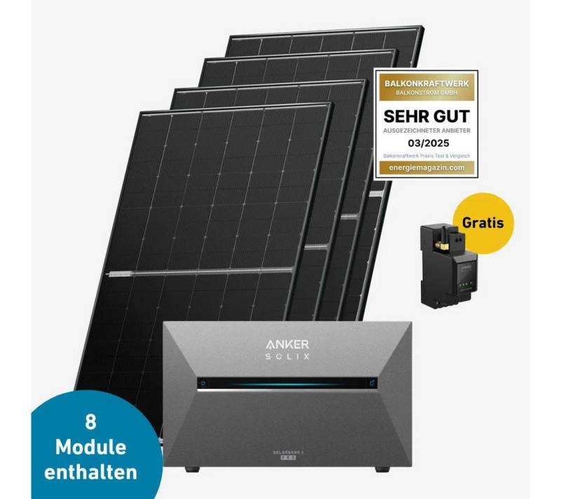 Balkonstrom Balkonkraftwerk Basic 3600 bifazial Pro (mit Anker SOLIX Solarbank 3 E2700 Pro), 3600 W, Monokristallin, (Anker SOLIX Solarbank 3 E2700 PRO Stromspeicher), Made in Germany Kabel von Balkonstrom