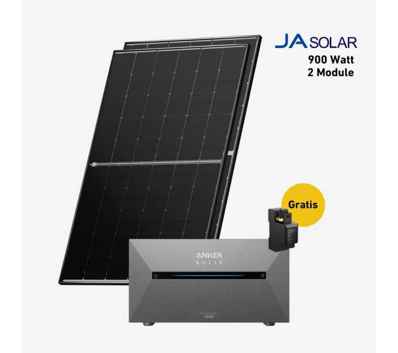 Balkonstrom Balkonkraftwerk 900W mit Speicher, Anker 2 Pro, Komplettset, Bifazial, 900 W, Monokristallin, (Anker SOLIX Solarbank 2 E1600 PRO Stromspeicher), Made in Germany Kabel von Balkonstrom