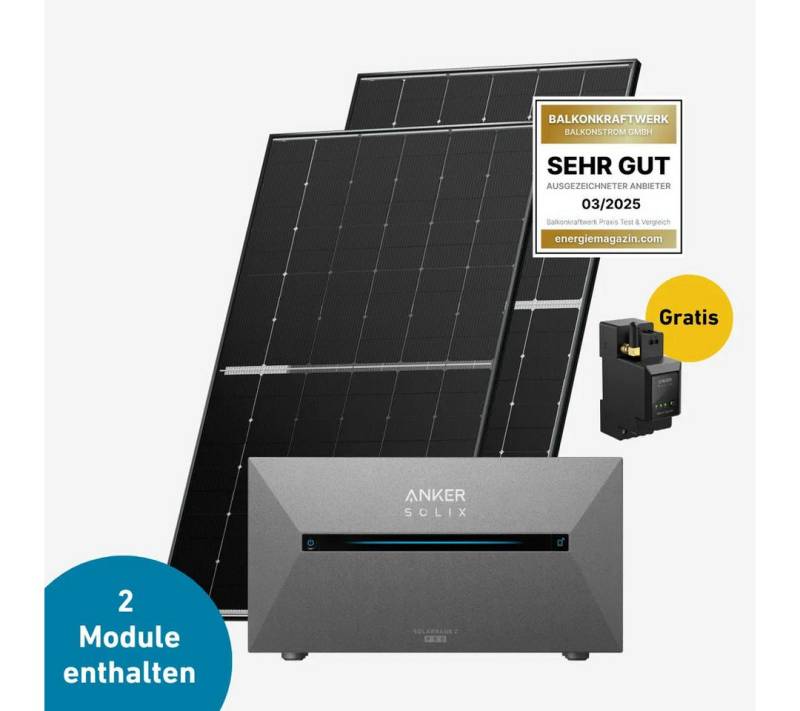 Balkonstrom Balkonkraftwerk 900W mit Speicher, Anker 2 Pro, Komplettset, Bifazial, 900 W, Monokristallin, (Anker SOLIX Solarbank 2 E1600 PRO Stromspeicher), Made in Germany Kabel von Balkonstrom