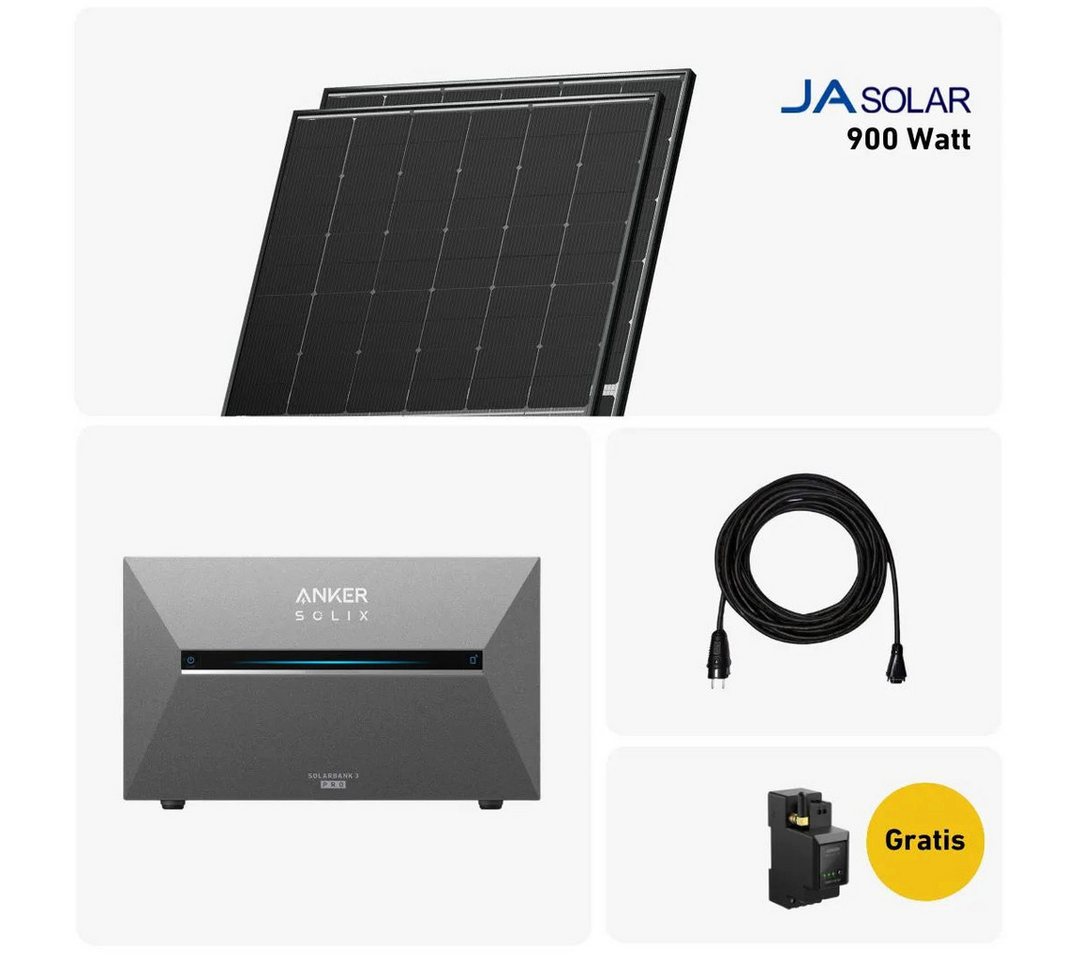 Balkonstrom Balkonkraftwerk 900W mit Speicher, Anker 3 Pro, Komplettset, Bifazial, Premium, 900 W, Monokristallin, (Anker SOLIX Solarbank 3 E2700 PRO Stromspeicher), Made in Germany Kabel von Balkonstrom