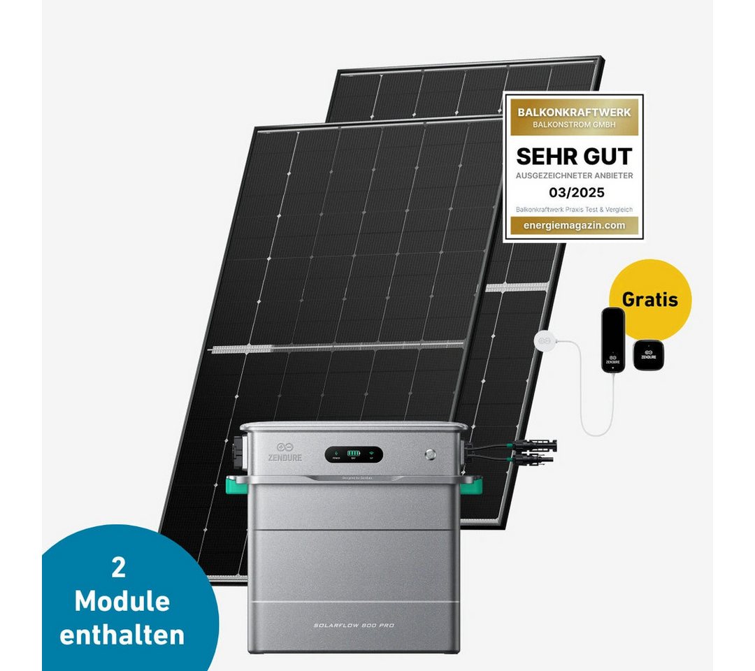 Balkonstrom Balkonkraftwerk Basic 900 bifazial Pro (mit Zendure Solarflow 800 Pro), 900 W, Monokristallin, (Zendure Solarflow 800 Pro Stromspeicher), Made in Germany Kabel von Balkonstrom