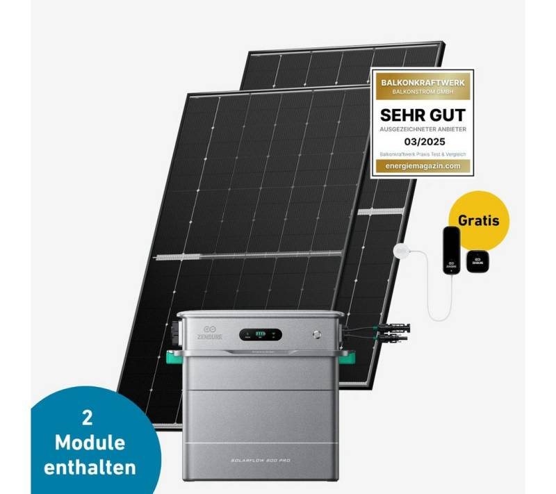 Balkonstrom Balkonkraftwerk Basic 900 bifazial Pro (mit Zendure Solarflow 800 Pro), 900 W, Monokristallin, (Zendure Solarflow 800 Pro Stromspeicher), Made in Germany Kabel von Balkonstrom