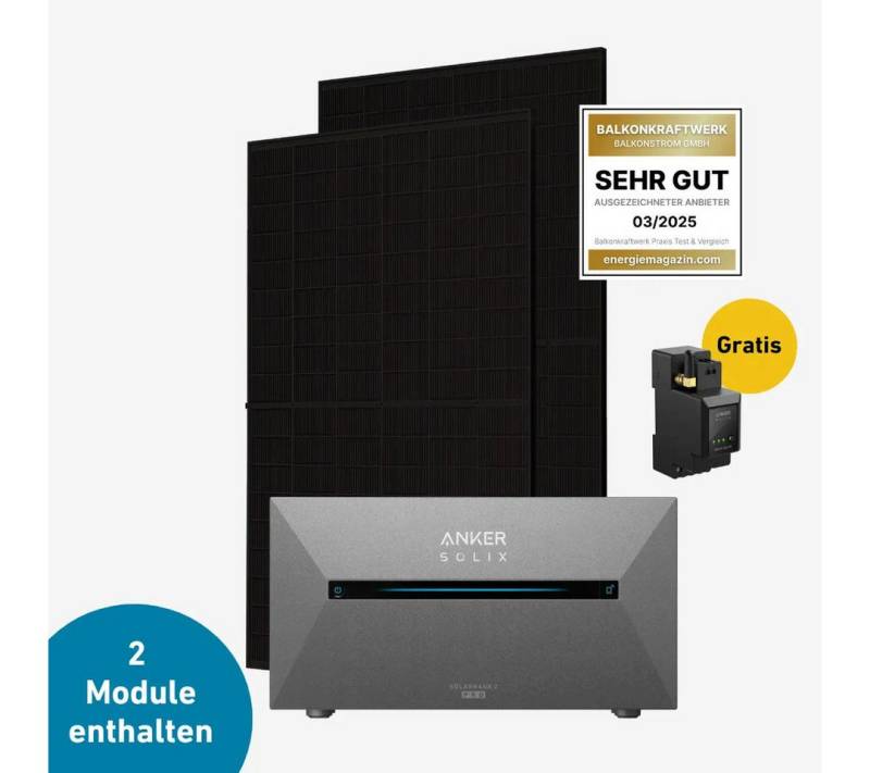 Balkonstrom Balkonkraftwerk Max 1000 bifazial Pro (mit Anker SOLIX Solarbank 2 E1600 Pro), 1000 W, Monokristallin, (Anker SOLIX Solarbank 2 E1600 PRO Stromspeicher), Made in Germany Kabel von Balkonstrom