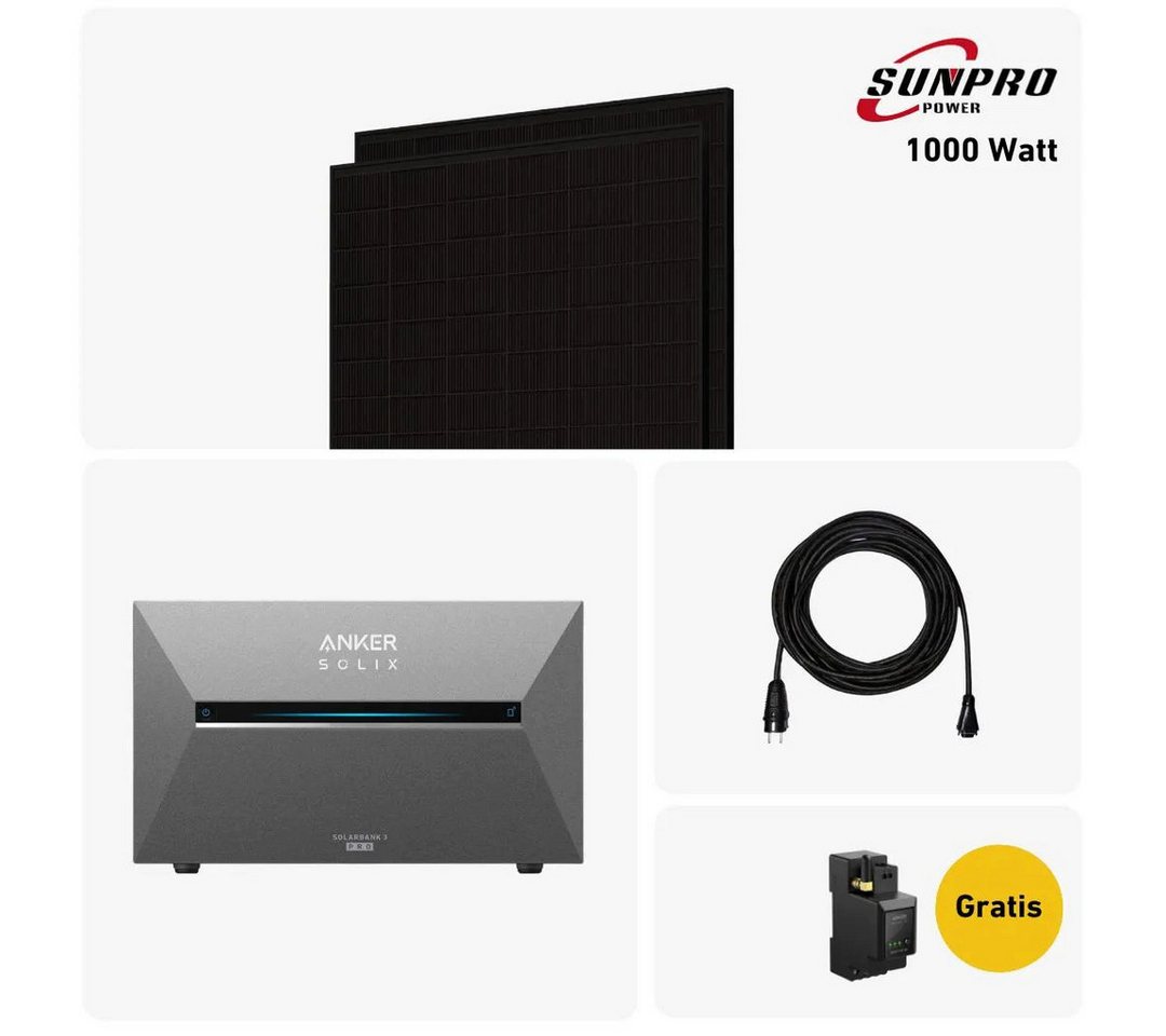 Balkonstrom Balkonkraftwerk 1000W mit Speicher, Anker 3 Pro, Komplettset, Bifazial, 1000 W, Monokristallin, (Anker SOLIX Solarbank 3 E2700 PRO Stromspeicher), Made in Germany Kabel von Balkonstrom