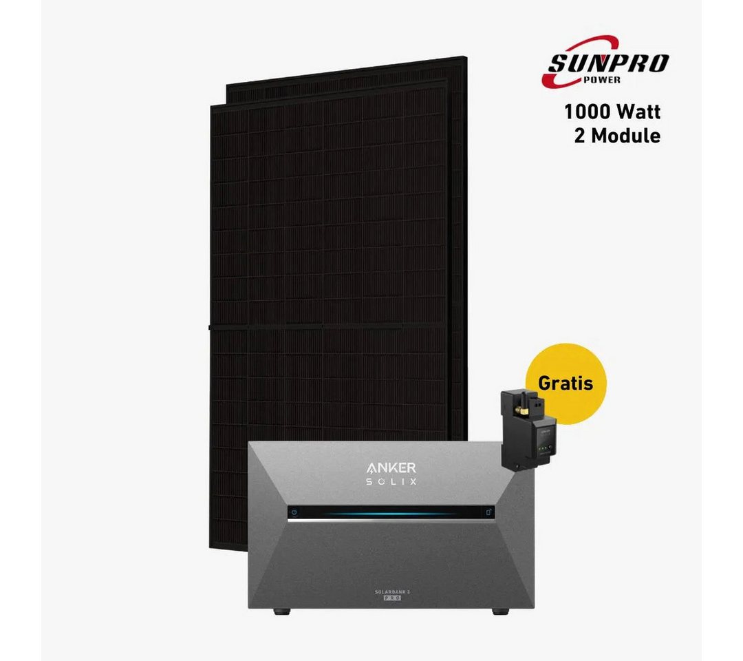Balkonstrom Balkonkraftwerk 1000W mit Speicher, Anker 3 Pro, Komplettset, Bifazial, 1000 W, Monokristallin, (Anker SOLIX Solarbank 3 E2700 PRO Stromspeicher), Made in Germany Kabel von Balkonstrom