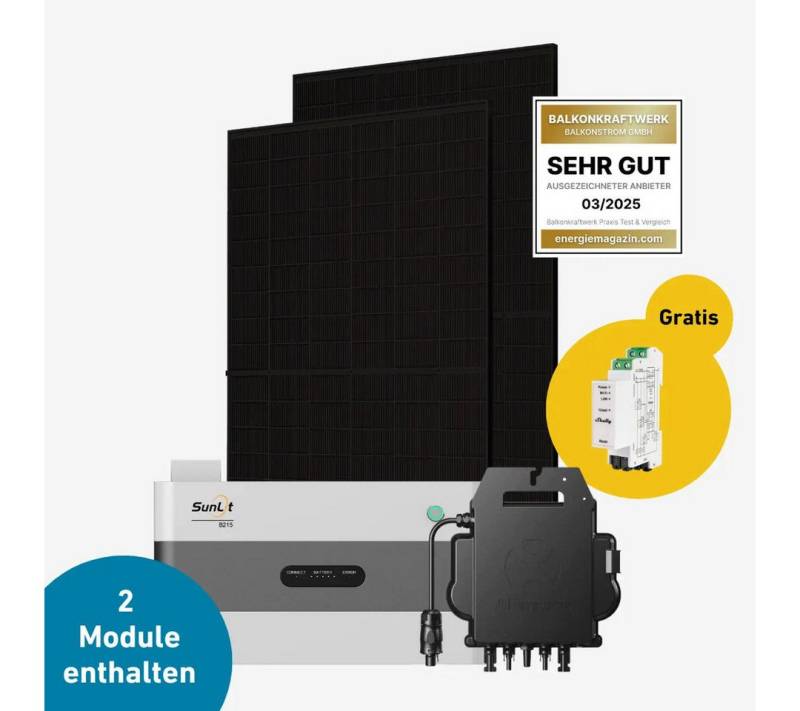 Balkonstrom Balkonkraftwerk Max 1000 bifazial Pro (mit SunLit BK215 Speicher), 1000 W, Monokristallin, (SunLit BK215 Stromspeicher), Made in Germany Kabel von Balkonstrom