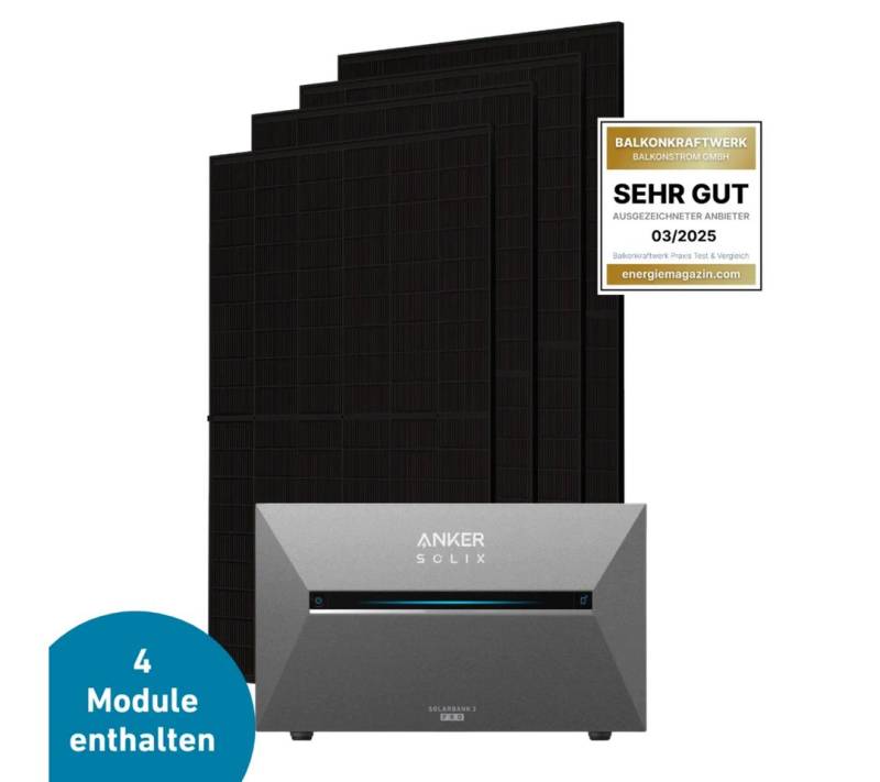 Balkonstrom Balkonkraftwerk Max 2000 bifazial Pro (mit Anker SOLIX Solarbank 3 E2700 Pro), 2000 W, Monokristallin, (Anker SOLIX Solarbank 3 E2700 PRO Stromspeicher), Made in Germany Kabel von Balkonstrom
