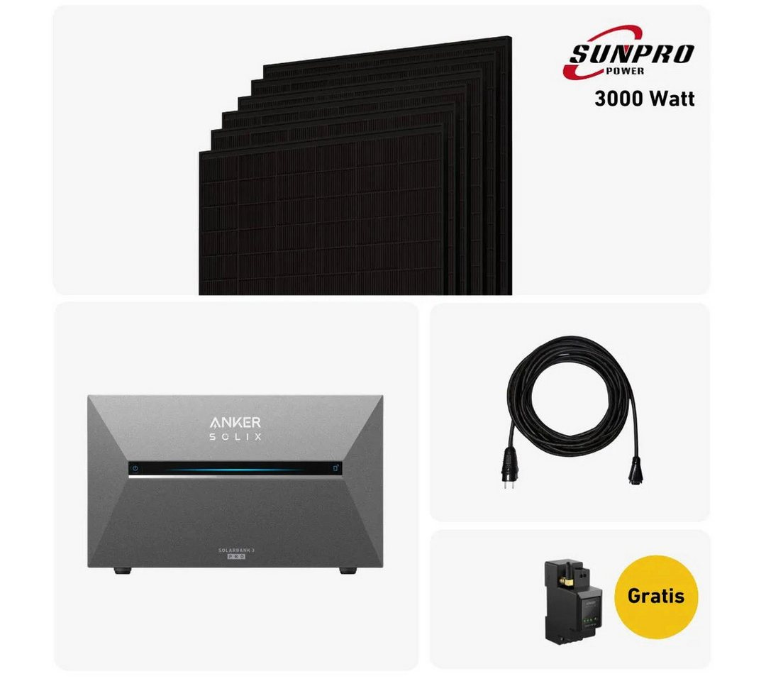 Balkonstrom Balkonkraftwerk 3000W mit Speicher, Anker 3 Pro, Komplettset, Bifazial, 3000 W, Monokristallin, (Anker SOLIX Solarbank 3 E2700 PRO Stromspeicher), Made in Germany Kabel von Balkonstrom