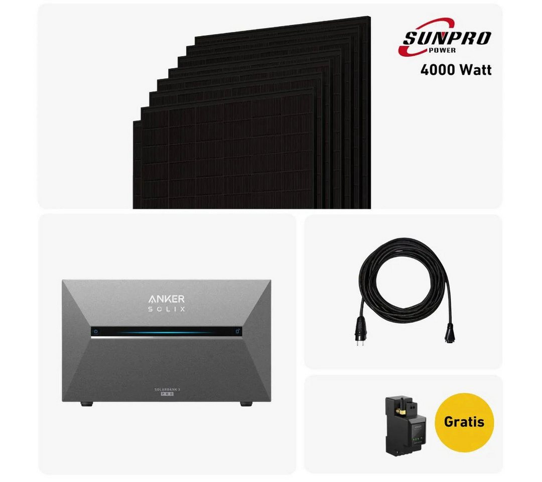 Balkonstrom Balkonkraftwerk 4000W mit Speicher, Anker 3 Pro, Komplettset, Bifazial, 4000 W, Monokristallin, (Anker SOLIX Solarbank 3 E2700 PRO Stromspeicher), Made in Germany Kabel von Balkonstrom