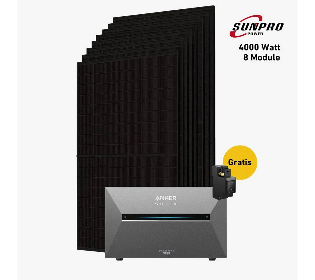 Balkonstrom Balkonkraftwerk 4000W mit Speicher, Anker 3 Pro, Komplettset, Bifazial, 4000 W, Monokristallin, (Anker SOLIX Solarbank 3 E2700 PRO Stromspeicher), Made in Germany Kabel von Balkonstrom