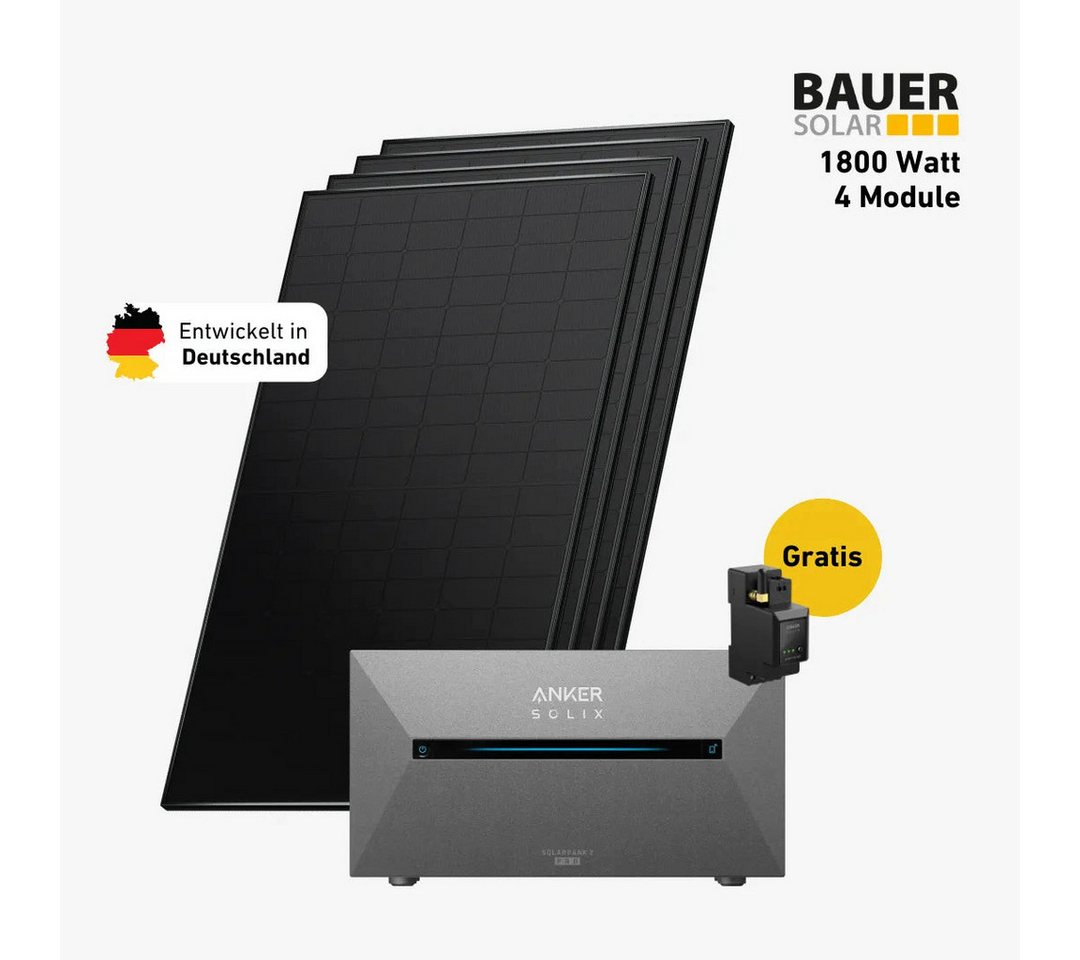Balkonstrom Balkonkraftwerk 1800W mit Speicher, Anker 2 Pro, Komplettset, Bifazial, Premium, 1800 W, Monokristallin, (Anker SOLIX Solarbank 2 E1600 PRO Stromspeicher), Made in Germany Kabel von Balkonstrom
