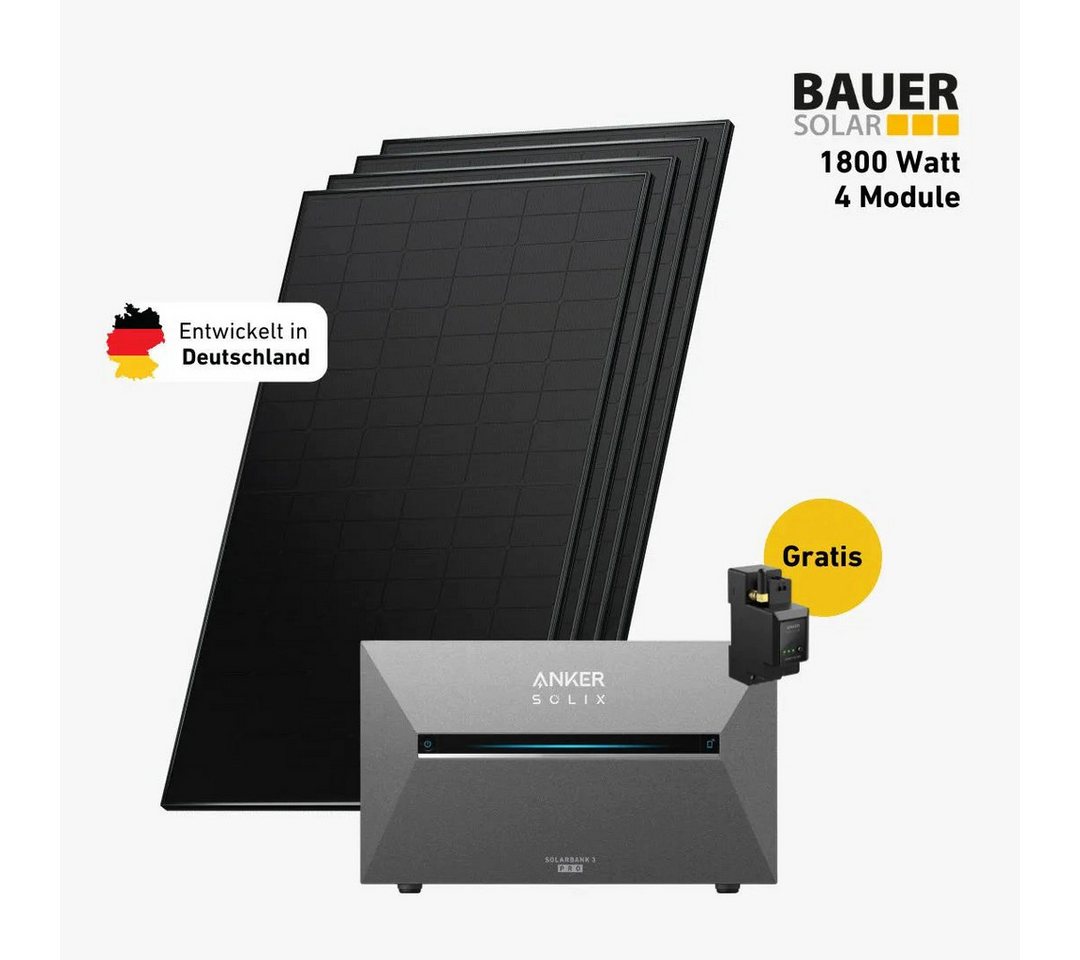 Balkonstrom Balkonkraftwerk 1800W mit Speicher, Anker 3 Pro, Komplettset, Bifazial, Premium, 1800 W, Monokristallin, (Anker SOLIX Solarbank 3 E2700 PRO Stromspeicher), Made in Germany Kabel von Balkonstrom