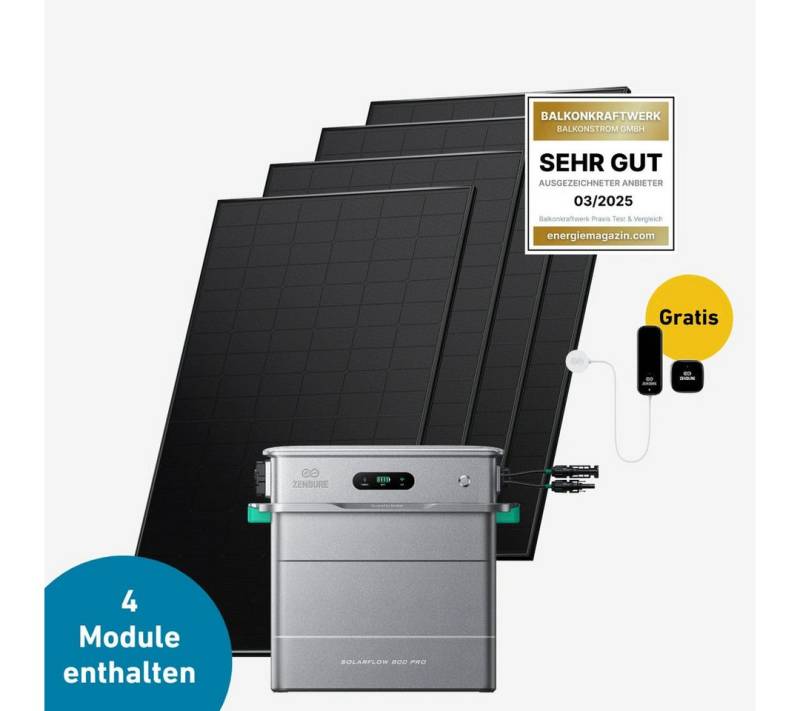Balkonstrom Balkonkraftwerk Premium 1800 bifazial Pro (mit Zendure Solarflow 800 Pro), 1800 W, Monokristallin, (Zendure Solarflow 800 Pro Stromspeicher), Made in Germany Kabel von Balkonstrom