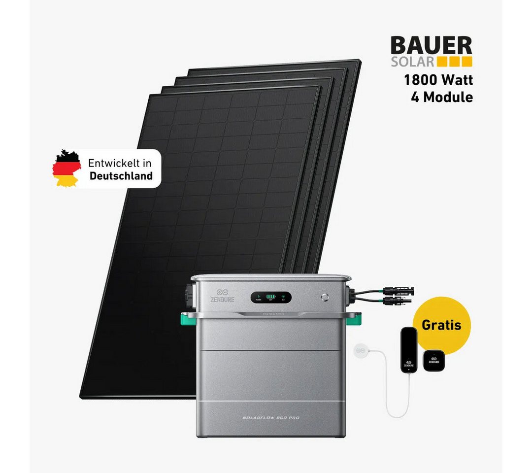 Balkonstrom Balkonkraftwerk Balkonkraftwerk Premium 900 Watt mit Hoymiles MS A2 Speicher, 1800 W, Monokristallin, (Zendure Solarflow 800 Pro Stromspeicher), Made in Germany Kabel von Balkonstrom