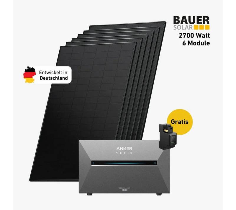 Balkonstrom Balkonkraftwerk 2700W mit Speicher, Anker 3 Pro, Komplettset, Bifazial, Premium, 2700 W, Monokristallin, (Anker SOLIX Solarbank 3 E2700 PRO Stromspeicher), Made in Germany Kabel von Balkonstrom